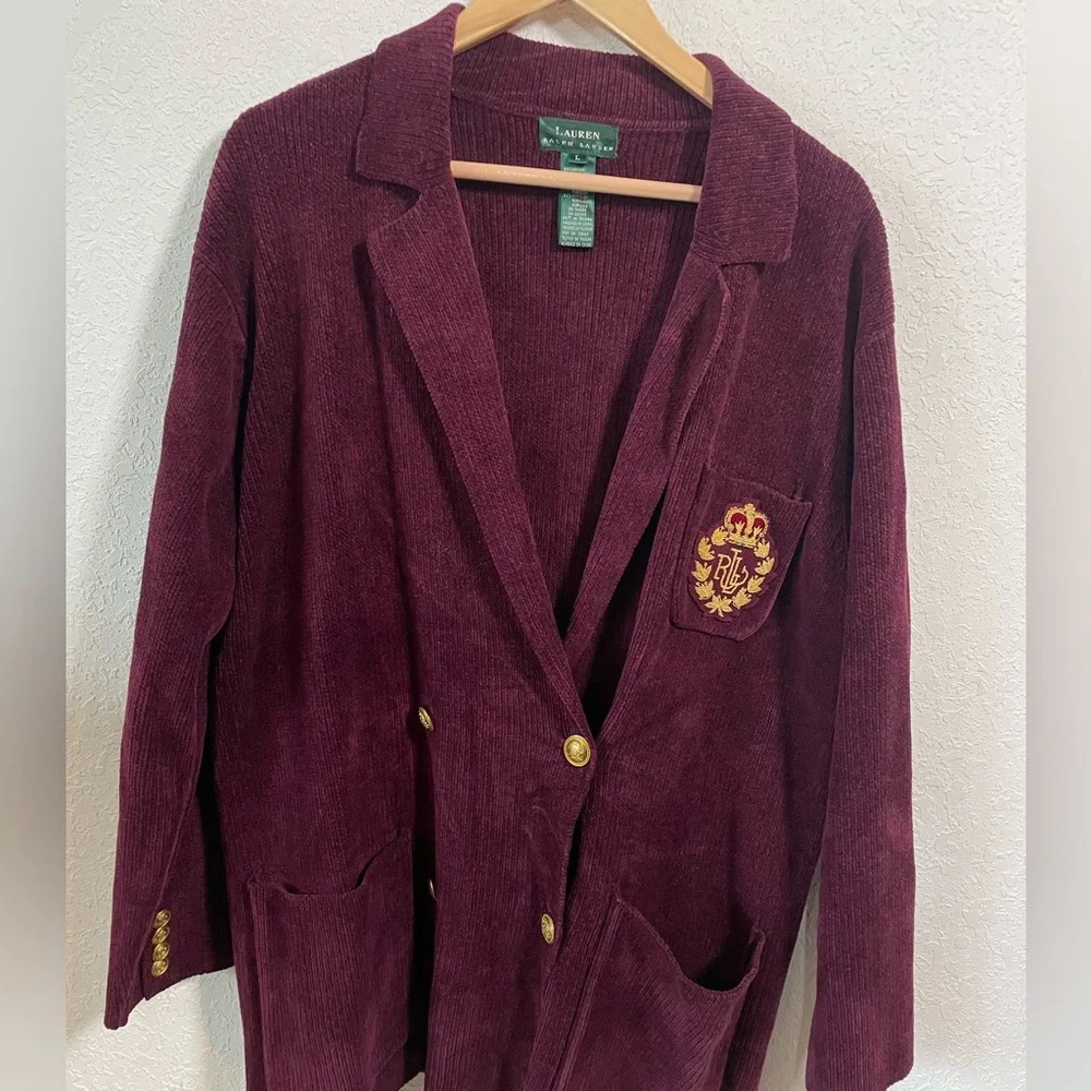 Lauren Ralph Lauren Burgundy Knit Blazer with Gold Crest Buttons - Picture 2 of 11
